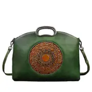 Nevenka Leather Handbags for Women Vintage Embossing Totem Shoulder Bag-Green