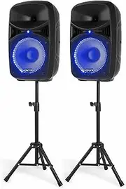 VONYX VPS102A Dual 10 Active DJ Speakers | Bluetooth Speaker with Microphone | Party and Concert Speakers with USB & SD Inputs, LED Lights and Speaker Stands.