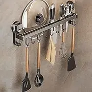 GUDAJIN Kitchen Organizer, Kitchen Utensil Rack, Double Rod Wall Mount Hanging Rack, Pot Rack Pan Hanging Rack, Kitchen Railing with Hooks for Kitchen Hanging Pots and Pans Rack, Gray (8 hooks 40cm)