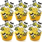 AHQiZFX 30 Pieces Double Layer Bee Cake Toppers, Card Decorations, Bumble Figurine Cupcake Picks for Themed Party, Weddings, Celebrations or Birthday Decorations