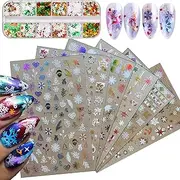 8 Sheets Snowflake Nail Art Stickers with Nail Glitter Sequins, 3D Self-Adhesive Christmas Nail Decals with Snowman Bell Christmas Tree Elk Winter Nail Design for Women Girl Christmas Nail Decoration