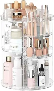 Rotating Makeup Organizer, DIY 8 Adjustable Layers Spinning Skincare Organizer, Cosmetic Display Case with Brush Holder Perfume Tray, Multi-Function Storage Carousel for Vanity Bathroom Countertop