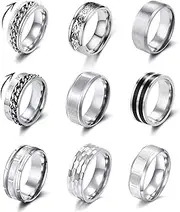 [YOVORO] 9Pcs Stainless Steel Band Rings for Men Women Fidget Anxiety Relief Rings Spinner Ring Wedding Promise Rings Set