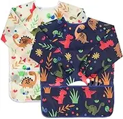 Kids Art Smocks 2 Pack Dinosaur Painting Aprons for Children Waterproof Artist Smock with Long Sleeve and 3 Pockets for Age 3-8 Years, Dinosaur-2, medium-sized