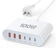 100W USB C Charger, 6-Port Compact Charger, Multi Fast Charging Port USB Power Adapter for iPhone 16 15 14 13 Pro Max, Samsung Galaxy S22 S21 S20 Note Edge