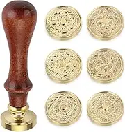 OwnMy 6 PCS Wax Seal Stamp Set with Magic Symbols Wax Stamp Heads and Wooden Handle, Vintage Retro Classical Wax Sealing Stamp Crafts Wax Seal Stamp Kit with Gift Box for Invitation Envelopes Letters