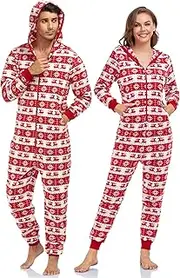 [COLORFULLEAF] Couples Matching Christmas Pajamas Hoodie Fleece Onesie Plaid Union Suit Full Zipper Jumpsuits with Pockets