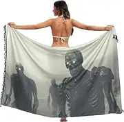 [XYMZR] Women's Sarong Swimsuit Coverups Skeleton Scary Gray Chiffon Bikini Wraps Skirt with Tassels L