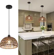 Farmhouse Rattan Pendant Light, Boho Chandelier, Woven Rope Lampshade, Dark Brown