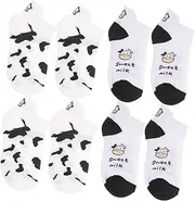 [TOGEVAL] Anklet Socks Cow Pattern Embroidery 4 Pack Soft Cotton Boat Socks for Girls