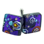 Murano Glass Cufflinks Dark Blue Multi Millefiori Pair Square