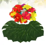 48 Pcs Party Supply Faux Palm Leaves Hibiscus Flower Monstera Leaf