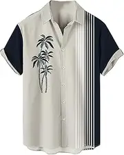 [Cambkatl] Men's Coconut Print Hawaiian Shirt Color Block 50s Retro Bowling Shirts Button Down Short Sleeve Summer Beach Tops