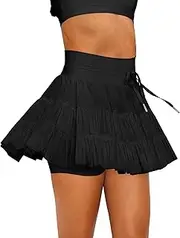 [KEOYA] Women's Pleated High Waisted Ruffle Tennis Skirts Sports Skater Mini Skorts Athletic Mesh Skirt with Shorts Pockets
