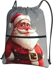 EdWal Cartoon Santa Claus Print Drawstring Backpack Gym Bags Sports Bags With Zipper Pocket For Travel Swimming Beach, Black, One Size