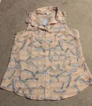 Juniors Forever 21 Button Up Sleeveless Sheer Sunglasses Top - Peach/Gray, XL