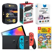 Nintendo Switch Neon Red/Blue OLED Console + Mario Maker 2 + Accessory Gamer Kit
