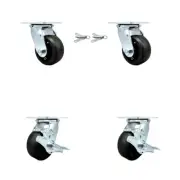 4 Inch Rubber on Aluminum Caster Set with Ball Bearings 2 Swivel Lock 2 Brake