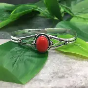 Red Coral Gemstone Adjustable Cuff Bangles 925 Silver Plated New Free Ship 5137