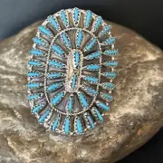 Blue Turquoise Zuni Sterling Silver Needle Point Cluster Ring Size 10 14566