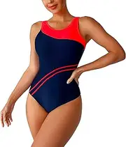 [Generic] Denim Shorts Women's Round Neck Swimsuits Color Block Athletic Swimwear Mesh Slimming Bathing Suit Neon Football Shorts