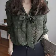 Sheer Patterned Tie-Neck Blouse Army Green - XL