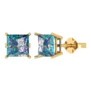 4.0ct Princess Cut Blue Moissanite Stud Solitaire Earrings 14k Yellow Gold