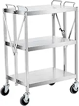 Trolley on Wheels Heavy Duty Folding Utility Cart, Stainless Steel Collapsible Service Cart 133 Lbs Large Loading Per Shelf Trolley