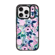 iPhone 16 Pro Impact Ring Stand Case MagSafe Compatible Girly Pink Navy Blue Watercolor Flowers Roses Leaves Pattern Clear