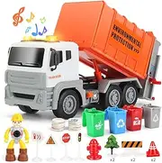 LOVE LIFE 12" Garbage Truck Toys Trash Truck Dump Truck with 4 Garbage Cans, Friction Powered Truck with Sound and Light,Push and Go Pull Back Car for Boys