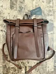 New Genicci Jason Brown Cognac Leather Roll Top Double Buckles Backpack!!
