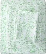 Mooreeke Cozy Vintage Microfiber Printed Queen Sheet Set - Soft & Breathable Percale Cotton Bed Sheets with Extra Deep Pocket - Non-Slip Fitted Design - Green Coarse Branches Pattern - Queen