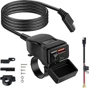 Motorcycle USB Charger Waterproof SAE to USB Motorcycle Charger Double USB Type C PD and Quick Charge 3.0 Motorcycle Phone Charger Handlebar Mount with Voltmeter and ON/Off Switch for Phone