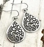 Silver Teardrop Earrings with Filigree and Pebble Stone Details