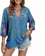 [St.Lareina] Mexican Shirts Peasant Blouses Cotton Embroidered 3/4 Sleeve Summer V Neck Tunic Bohemian Tops Boho Clothes for Women