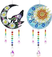 2 PCS Diamond Painting Wind Chime, ZYNERY Diamond Painting Suncatcher Kit Diamond Art for Adults Kids, Diamond Painting Kits Hanging Pendant for Home Garden Outdoor Decor (Moon Wolf, Moon Sun)
