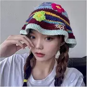 Retro Women's Hollow Flower Knit hat Handmade Crochet Basin hat Sun hat Women Qingxiao (Color : Color, Size : One Size)