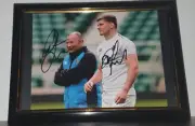 8 x 10 PHOTO SIGNED BY EDDIE JONES, OWEN FARRELL - WITH COA - FRAMED AUTOGRAPH