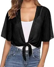 [bwgrytuy] Sheer Mesh Tie Front Cropped Bolero Cardigan for Dress Short Sleeve Tie Front Cardigan Spring, Autumn Shirt