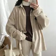 Long-Sleeve Corduroy Plain Shirt Almond - XL