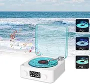 [Jiawu] Waves Bluetooth Speaker, Vintage Record Player Style with Adjustable Ambient Light, Ocean Sound White Noise, 3-in-1 Wireless Speaker with Night Light and Time Display, White