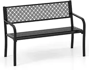 Costway 127 cm Outdoor Garden Bench, Metal Patio Bench with Geometric Lattice Backrest, Armrests and Slatted Seat, Outdoor Loveseat Chair for Porch, Lawn and Yard (Black)