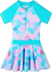 [ZNYUNE] Children's Swimsuit Girls Two Piece Swimsuit Fabric Print Short Sleeves + Trouser Skirt Swimwear Swimsuit