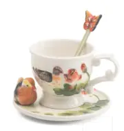 NIP Corner Ruby Teacup - Mandarin Duck Cup Saucer Butterfly Spoon - Unopened