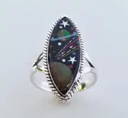 HANDCRAFTED CELESTIAL TURQUOISE INLAY STERLING SILVER SHAPE OVAL RING SIZE 6-3/4