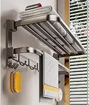 UPAUS 60cm Towel Rack for Bathroom, 2 Tier Foldable Bathroom Towel Rail with Hooks, Gunmetal Gray Bathroom Towel Shelf, Storage Rack for Bathroom and Toilet, No Drill or Screw Wall Mounted