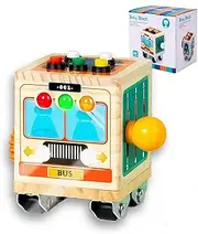 Montessori Busy Board for Kids, Wooden Sensory Activity Cube Toy with Car LED Light, Switch, Steering Wheel, Gear, Fine Motor Skill Learning Toy Gift for 3 4 5 6 Years Boy, Girl & Autism ADHD Toddler