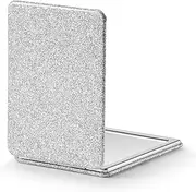 OMIRO Compact Mirror, Glitter PU Leather 1X/3X Magnification, Ultra Portable for Purses, 2.4" W x 3.4" L (Silver)