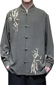 [Generic] Spring And Autumn Tang Suit,Chinese Style Men Retro Button Design Long-Sleeved Shirt Embroidered Shirt（Dark Green,Gray,White,Black）