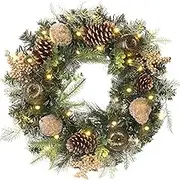 Christmas Wreath 20" Christmas Front Door Wreath Ornament with LED Lights Pinecone Berries Artificial Pine Garland for Party Table Fireplaces Porch Walls New Years Halloween Home Decor